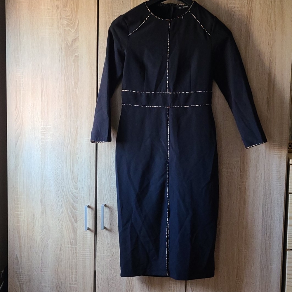NWT Zara Basics Dress Black with Leopard Seams M